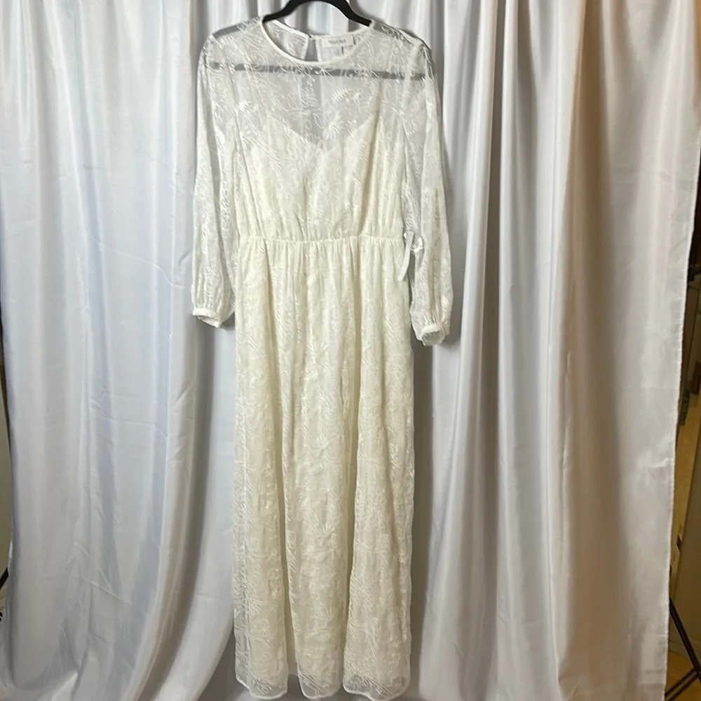 ModCloth Ivory Lace Maxi Dress Long Sleeve Sheer Overlay Lined Size S